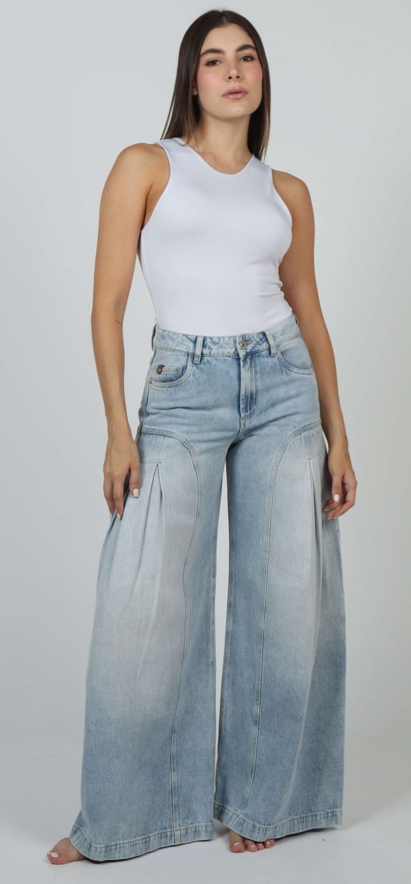 Jean Femenino Wide Leg Fit Full Moda Corte Efecto Falda Azul Claro