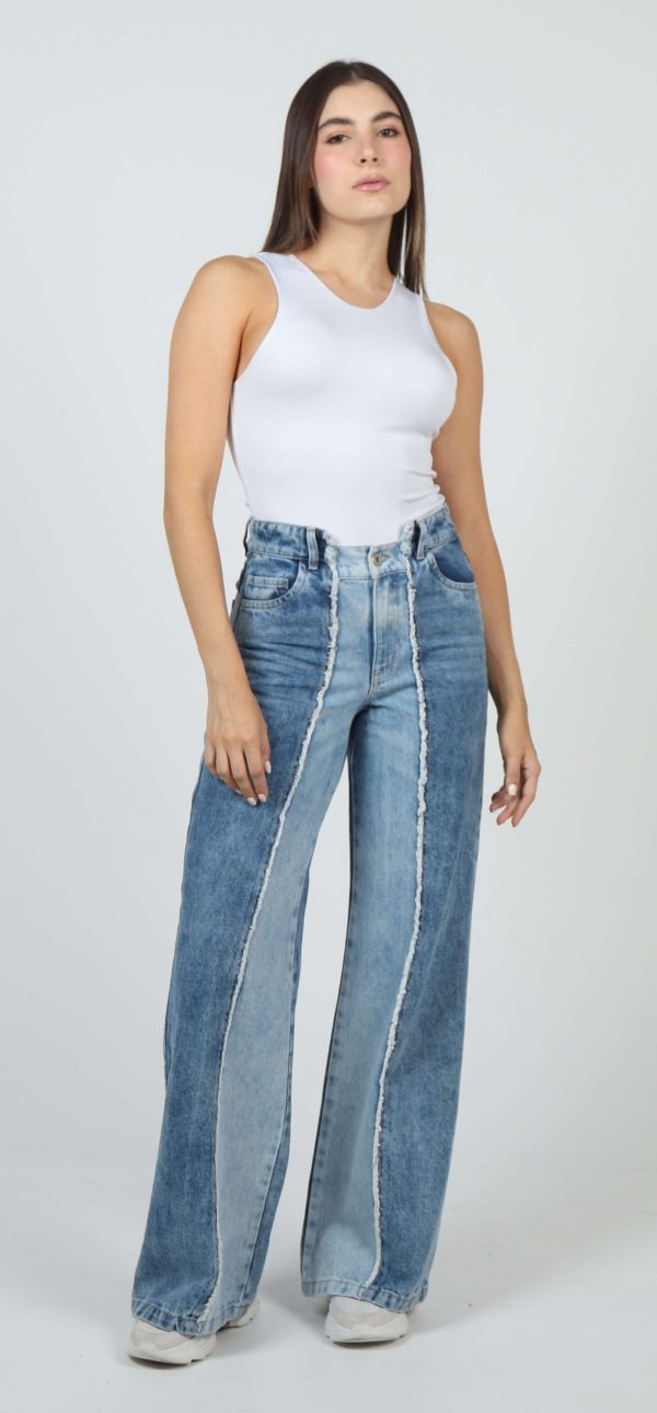 Jean Femenino Wide Leg Fit Full Moda Patchwork en 2 Bases Azul Medio