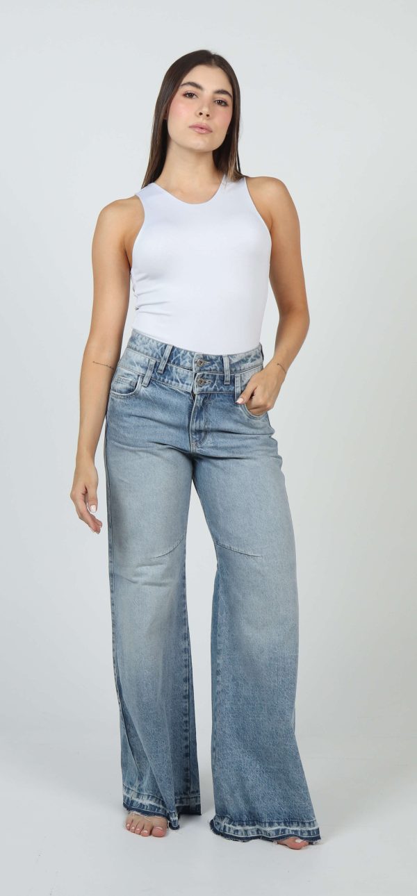 Jean Femenino Wide Leg Fit Full Moda Doble Pretina Azul Medio