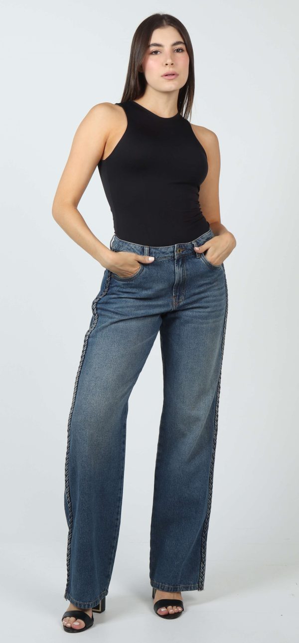 Jean Femenino Straight Fit Full Moda Trenza Lateral Azul Medio