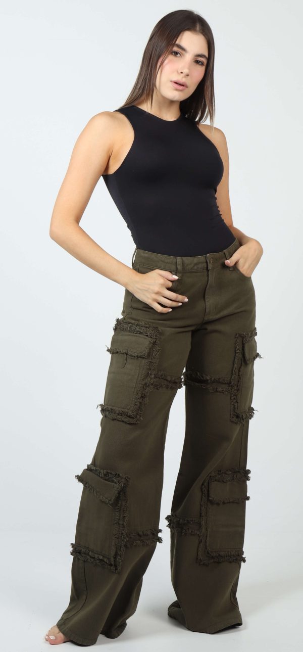 Jean Femenino Wide Leg Cargo Fit Verde Desflecado