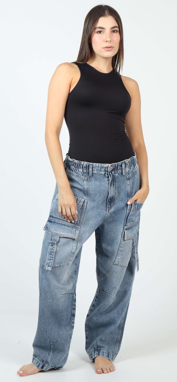 Jean Femenino Balloon Cargo Fit Full Moda Azul Medio