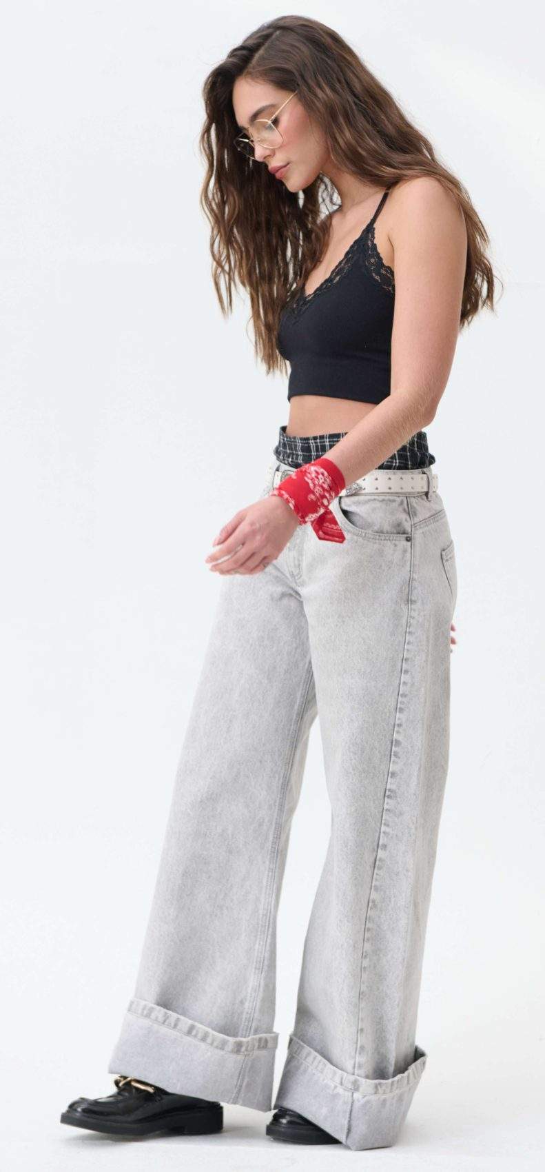 Jean Super Wide Leg Gris Tiro Bajo - Imagen 4