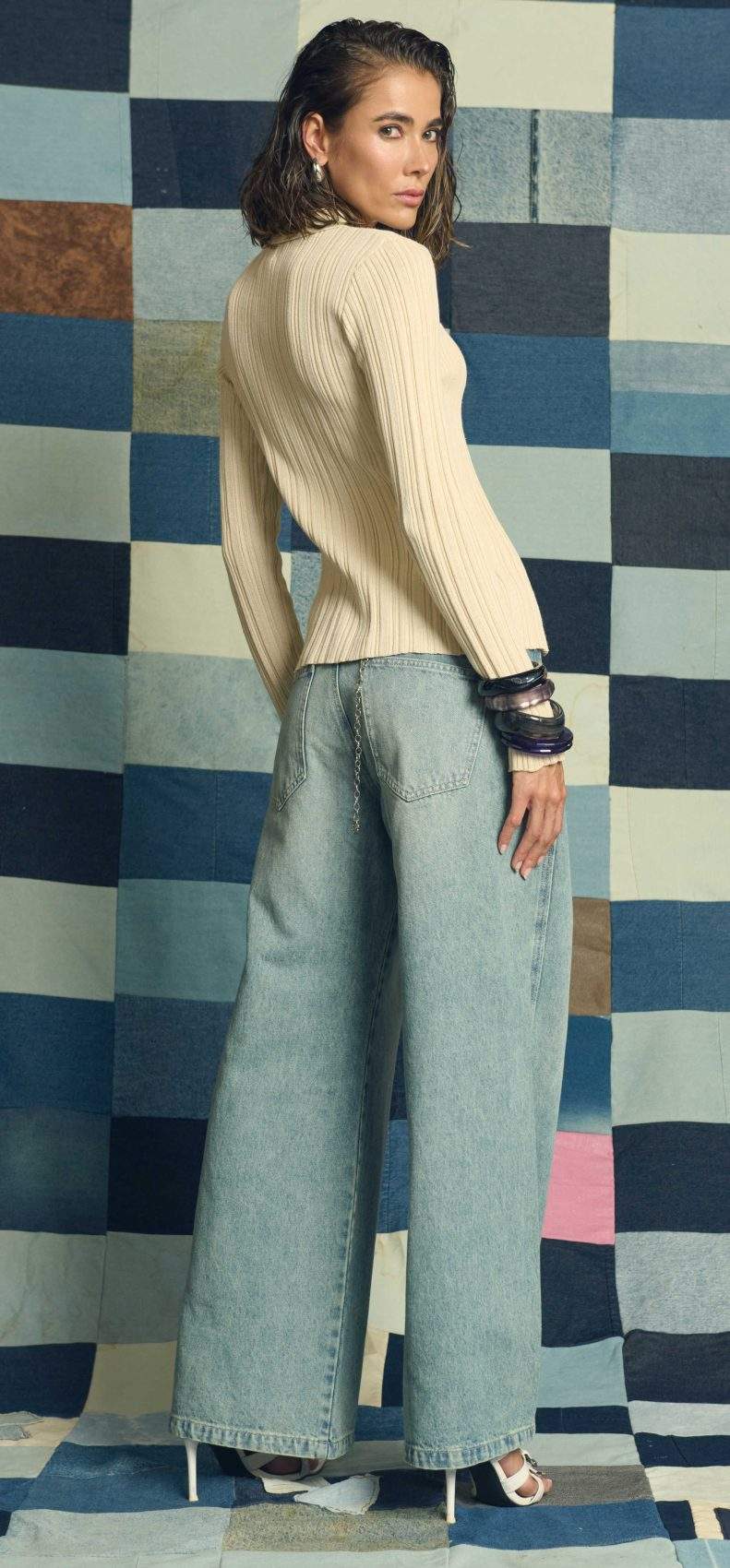 Jean Wide Leg Tiro Medio Cotilla Frontal Azul Medio Transversal Moda - Imagen 2