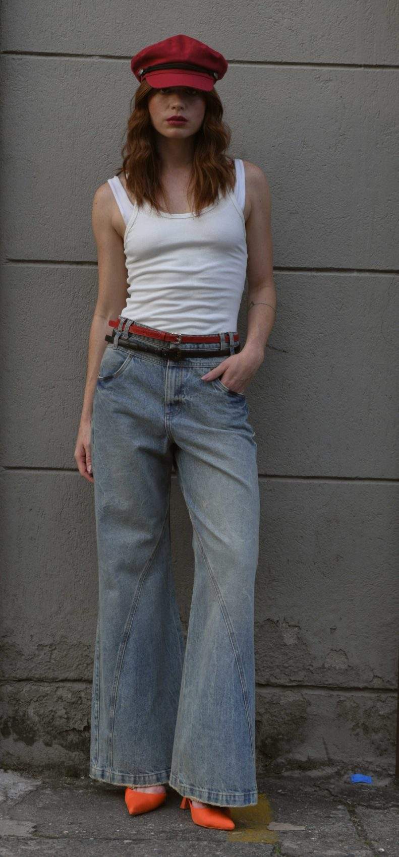 Jean Wide Leg Tiro Alto Cortes y Veteado Azul Medio Transversal Moda Femenino