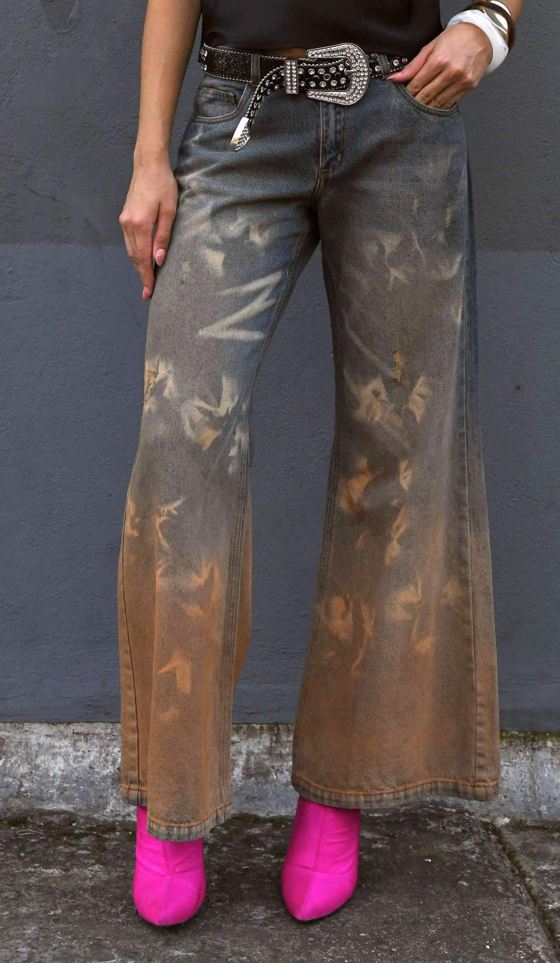 Jean Wide Leg Tiro Bajo Vintage Orange Azul Medio Impacto Moda Femenino - Imagen 3