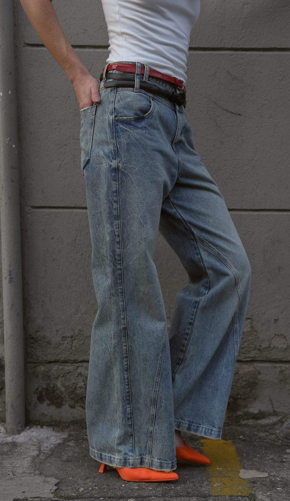 Jean Wide Leg Tiro Alto Cortes y Veteado Azul Medio Transversal Moda Femenino - Imagen 2