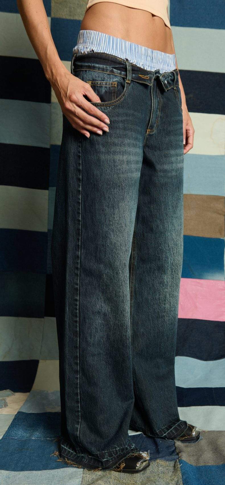 Jean Wide Leg Tiro Bajo Pretina Doblada y Spec Tex Azul Oscuro Impacto Moda Femenino - Imagen 6