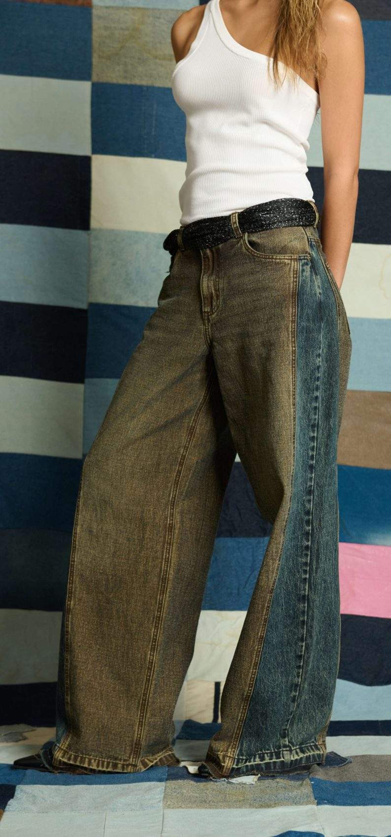Jean Wide Balloon Tiro Medio Spec Tex Bicolor Café y Azul Impacto Moda Femenino - Imagen 5