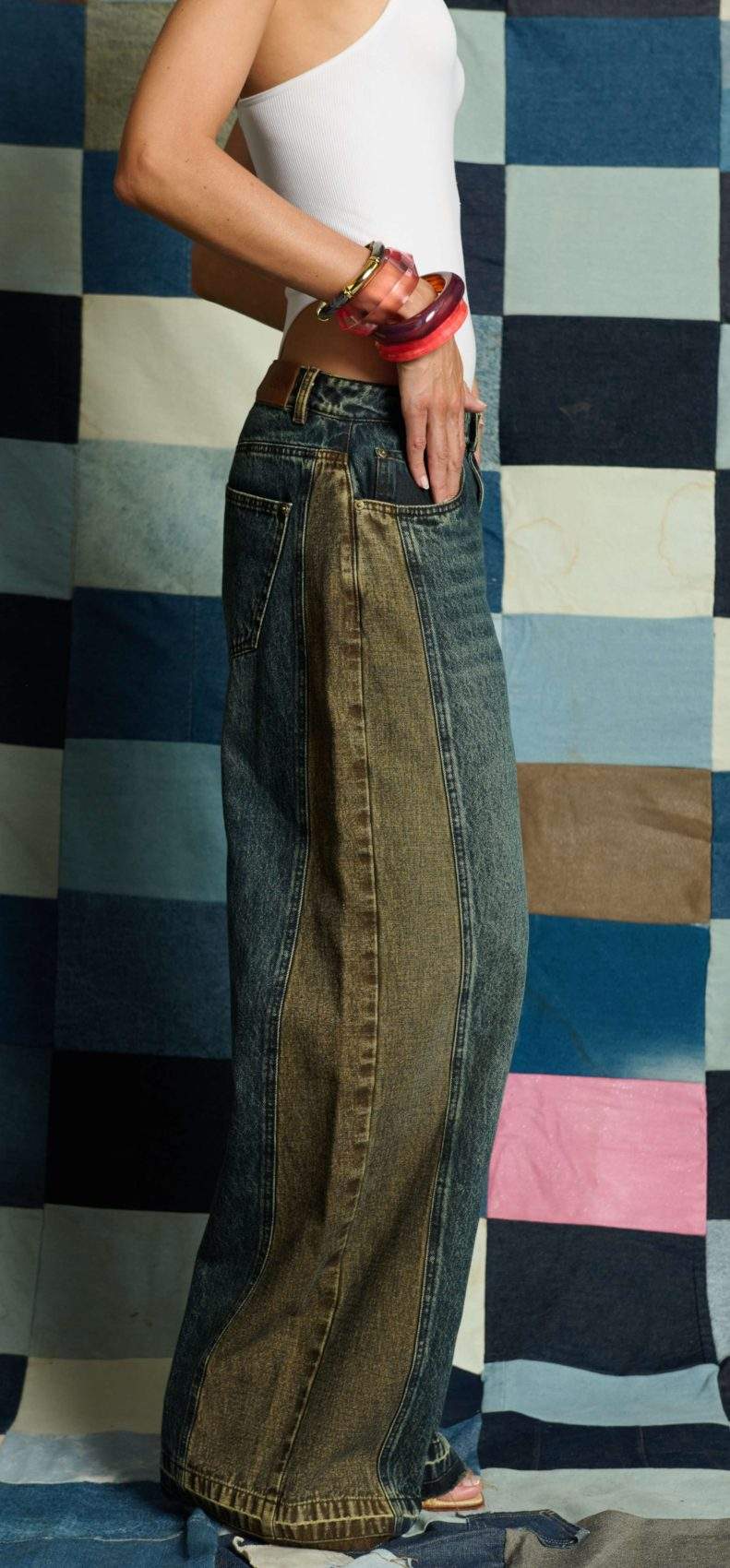 Jean Wide Balloon Tiro Medio Spec Tex Bicolor Azul y Café Impacto Moda Femenino - Imagen 3
