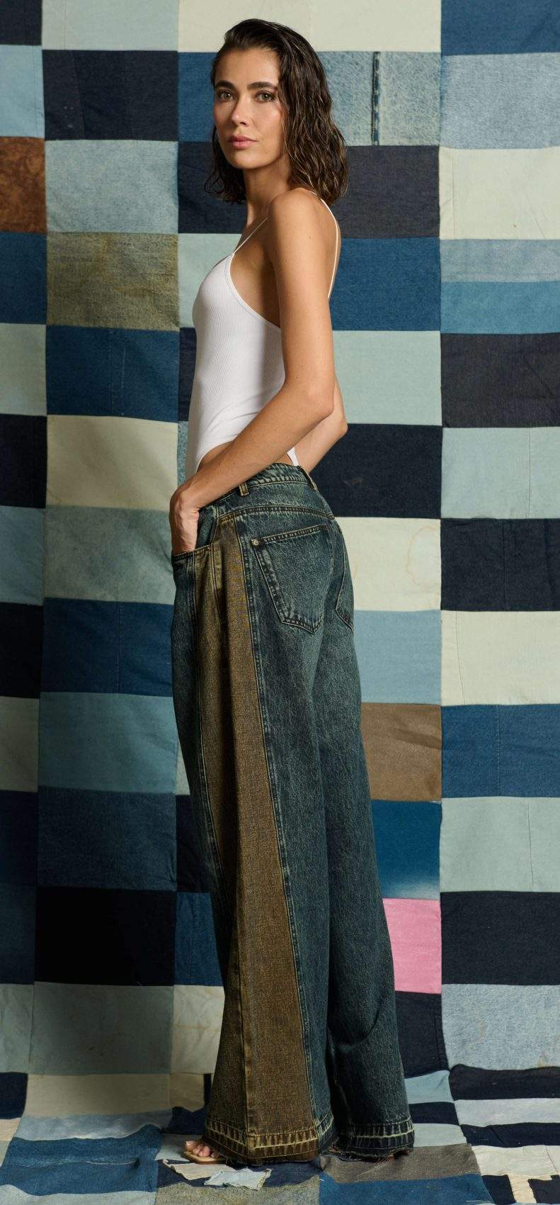 Jean Wide Balloon Tiro Medio Spec Tex Bicolor Azul y Café Impacto Moda Femenino - Imagen 4