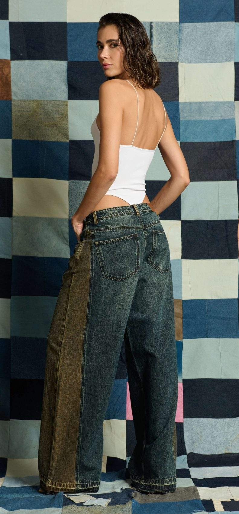 Jean Wide Balloon Tiro Medio Spec Tex Bicolor Azul y Café Impacto Moda Femenino - Imagen 6