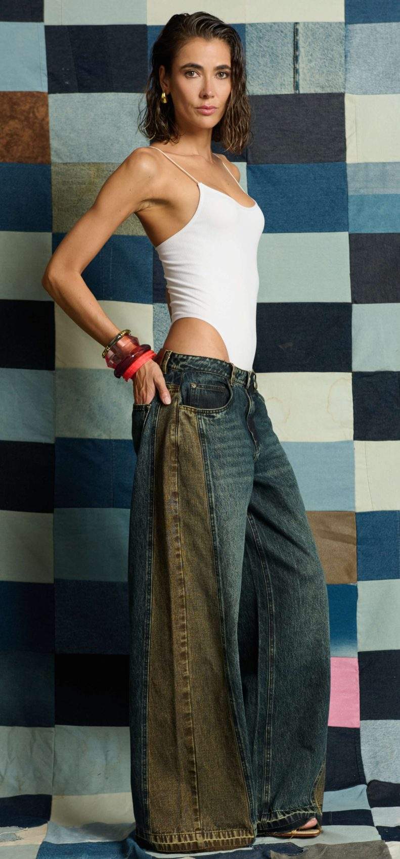 Jean Wide Balloon Tiro Medio Spec Tex Bicolor Azul y Café Impacto Moda Femenino