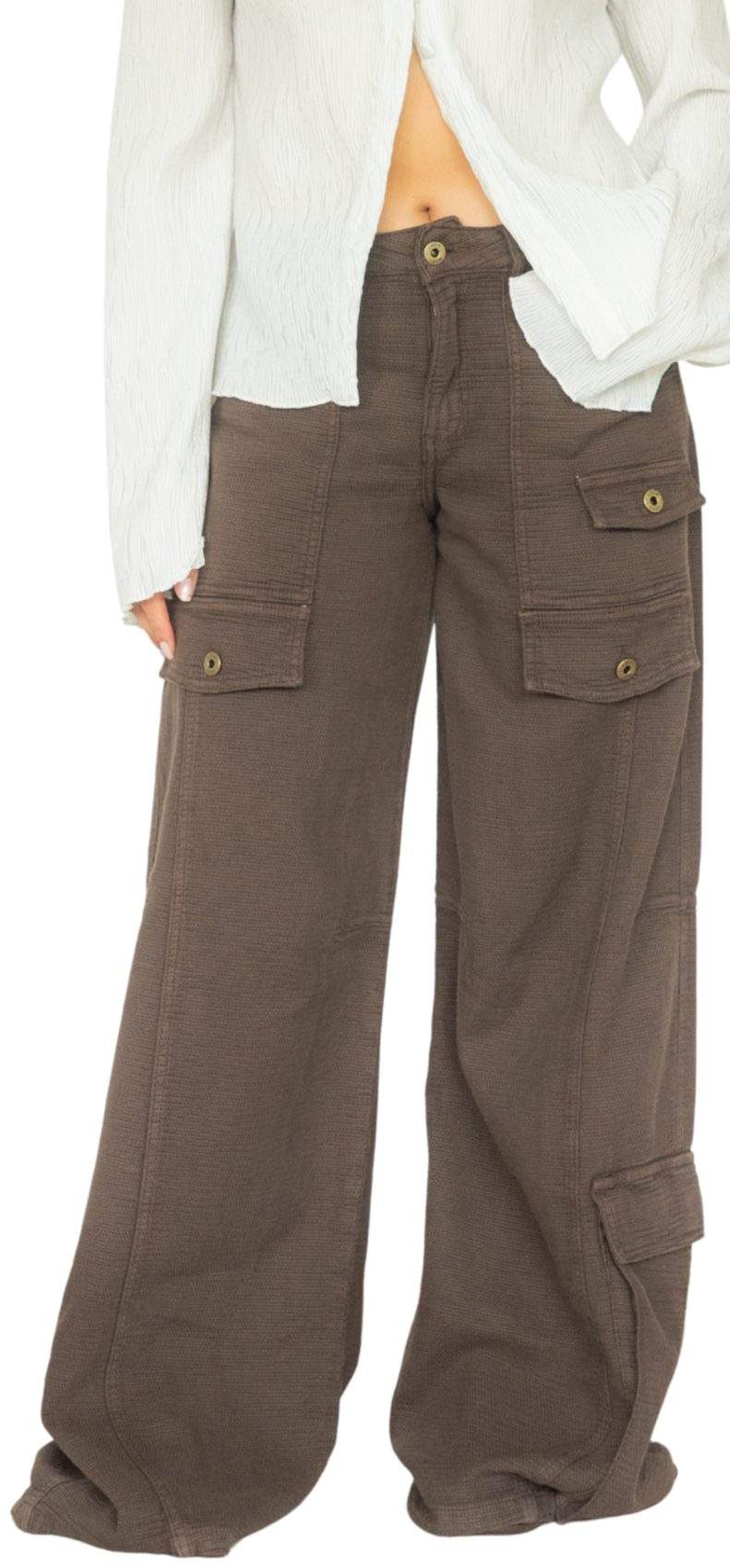 Jean Balloon Tiro Medio Cargo Spec Tex Jacquard Cafe Impacto Moda Femenino