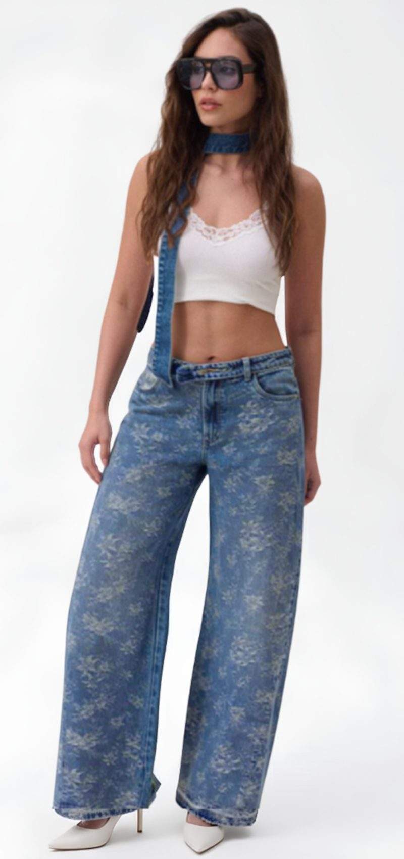 Jean Balloon Tiro Medio Spec Tex Jacquard Azul Medio Impacto Moda Femenino