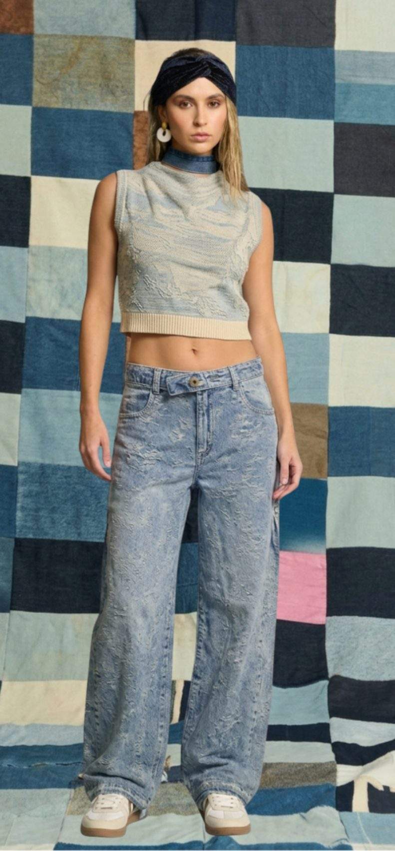 Jean Balloon Tiro Medio Spec Tex Jacquard Azul Medio Impacto Moda Femenino
