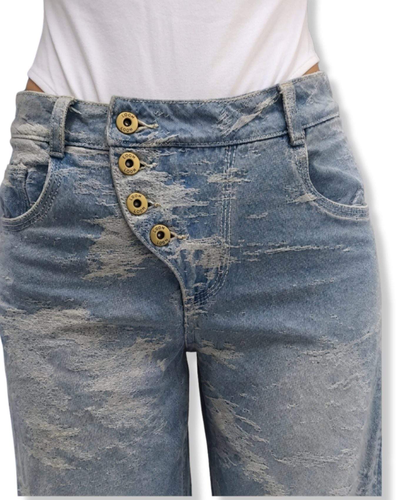 Jean Balloon Tiro Alto Spec Tex Jacquard Azul Medio Impacto Moda Femenino - Imagen 4