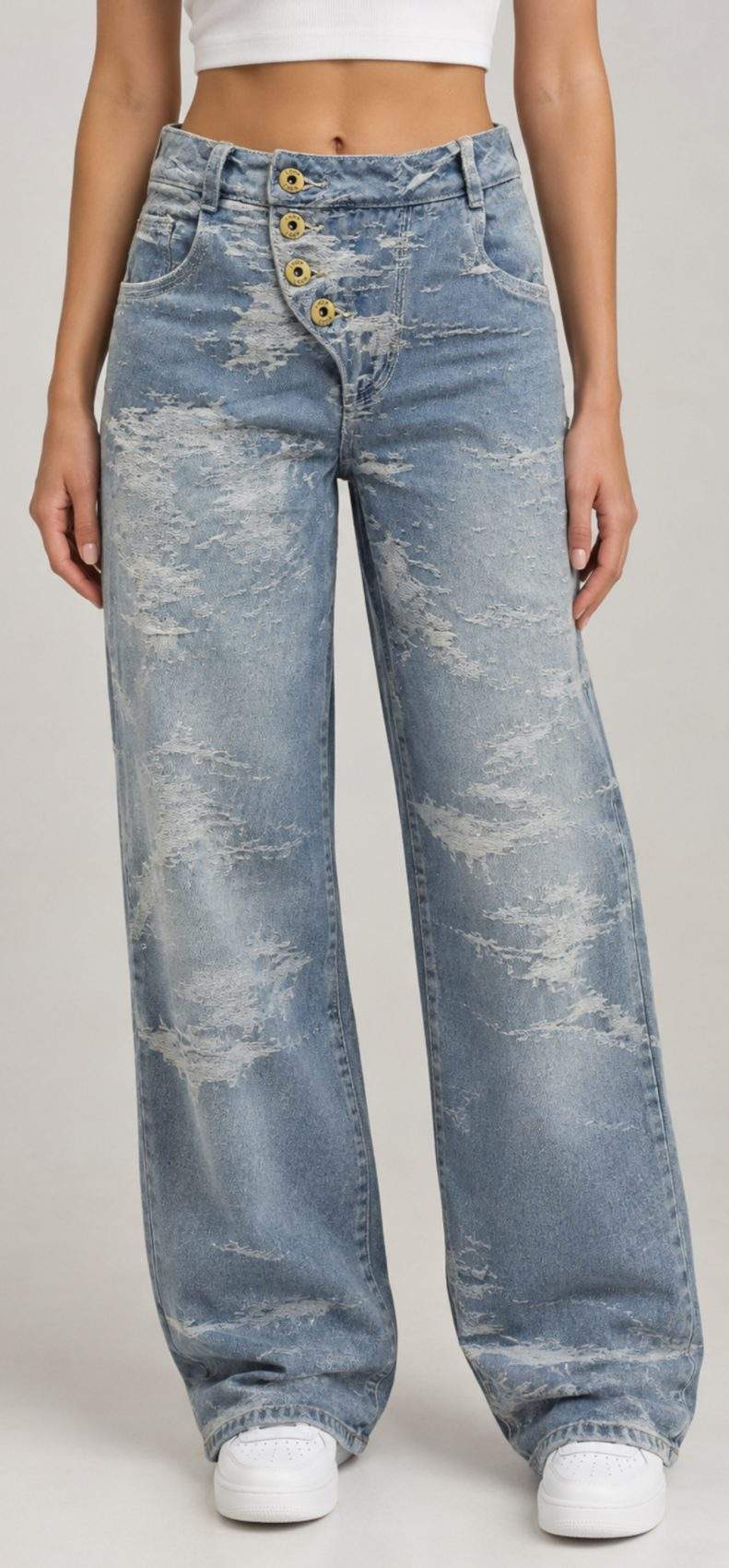 Jean Balloon Tiro Alto Spec Tex Jacquard Azul Medio Impacto Moda Femenino - Imagen 2