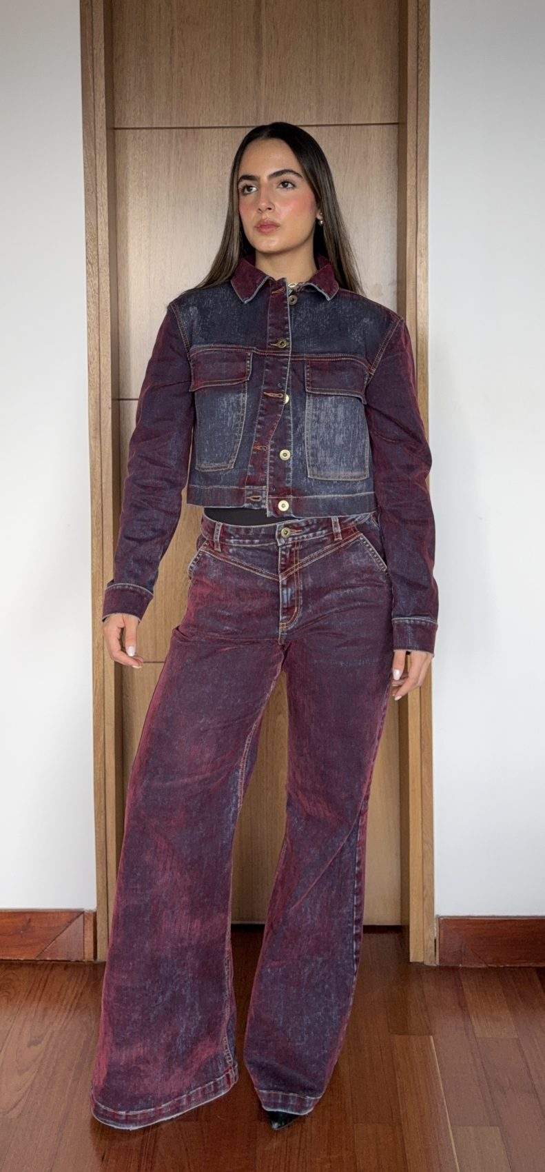 Jean Wide Leg Tiro Alto Spec Tex Velvet Vinotinto Azulado Impacto Moda Femenino - Imagen 4