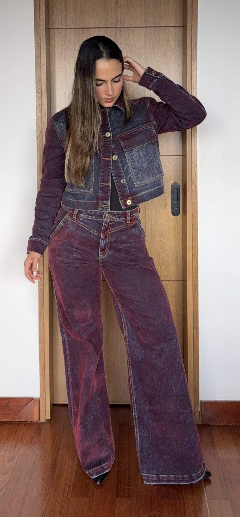 Jean Wide Leg Tiro Alto Spec Tex Velvet Vinotinto Azulado Impacto Moda Femenino